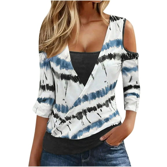 hxobax 3/4 Sleeve Shirts Womens Cold Shoulder Tunic Tops Tie-Dye Striped Tshirts Cross Wrop Blouses