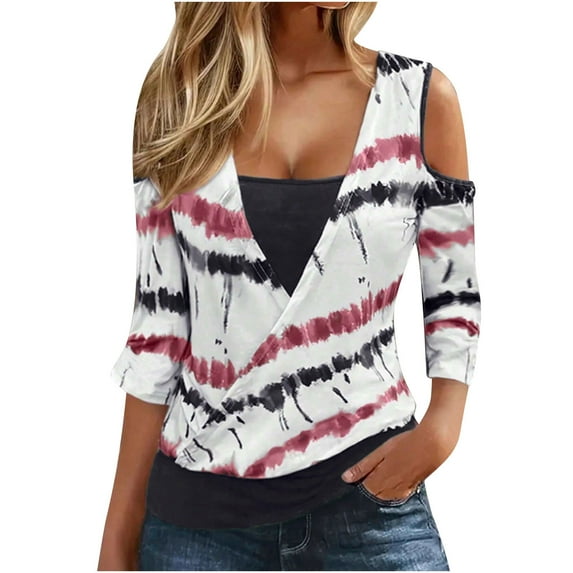 hxobax 3/4 Sleeve Shirts Womens Cold Shoulder Tunic Tops Tie-Dye Striped Tshirts Cross Wrop Blouses