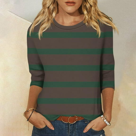 hxobax 3/4 Sleeve Striped Shirts Womens Colorblock Tunic Tops Casual Crewneck Basic Tees Cute Blouse