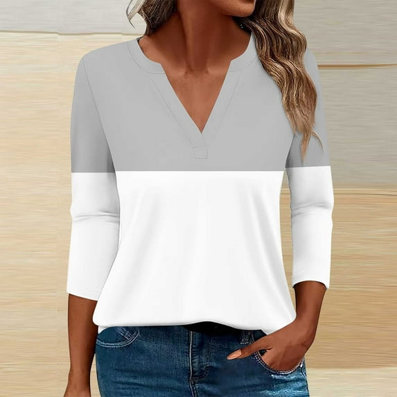 hxobax 3/4 Sleeve T Shirts for Womens Fashion Color Block Tunic Tops Casual Plus Size V Neck Blouses