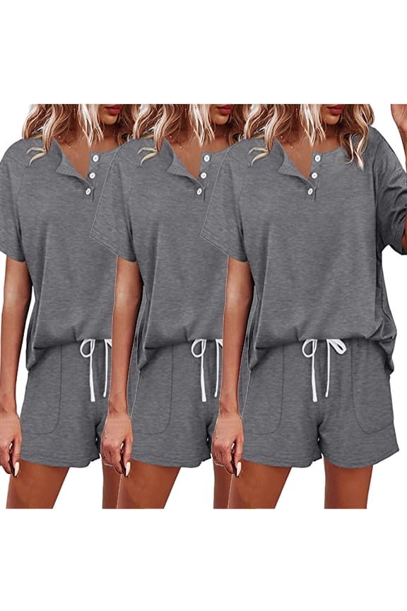 3 Pack Women Pajama Sets Six-Piece Nightwear Short Sleeve Sleepwear Casual Solid V Neck Button Down Shirts Tops and Lace-up Shorts Pjs Set Matching Sets Pockets Loungewear,Gray,Small