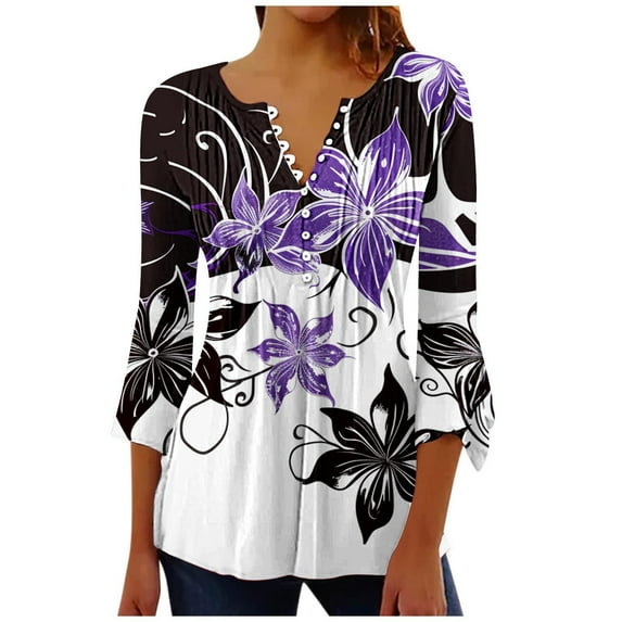 hxobax Casual Pleated Blouses for Womens Ruffle 3/4 Sleeve Tshirt V Neck Button up Shirts Tunic Tops