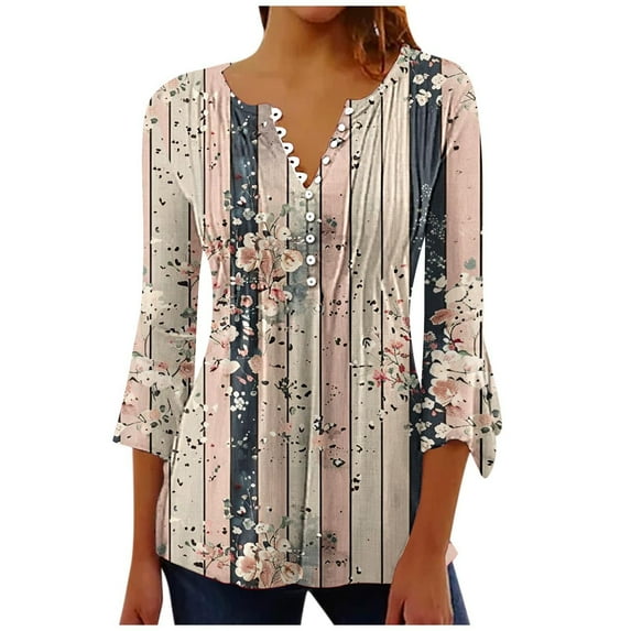 hxobax Casual Pleated Blouses for Womens Ruffle 3/4 Sleeve Tshirt V Neck Button up Shirts Tunic Tops
