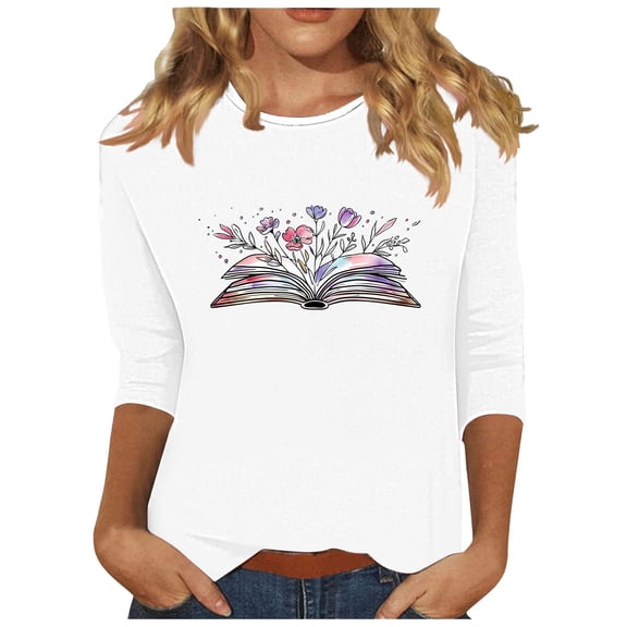 hxobax Cute Floral Tshirts for Women 3/4 Length Sleeve Tops Casual Crewneck Basic Tee Tunic Pullover