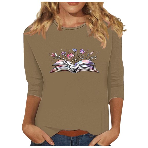 hxobax Cute Floral Tshirts for Women 3/4 Length Sleeve Tops Casual Crewneck Basic Tee Tunic Pullover