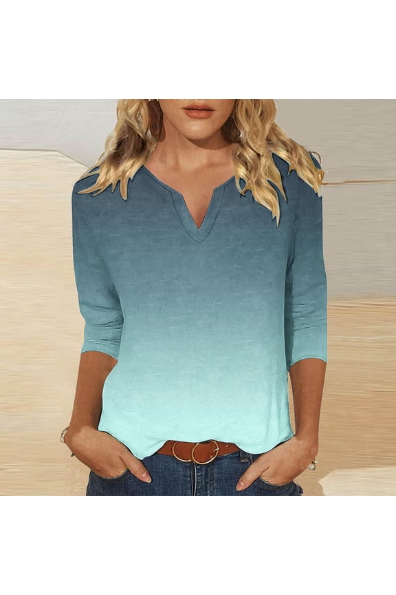 Cute Summer Tops Womens 3/4 Sleeve Gradient T-Shirts Notched V Neck Ombre T Shirts Tunic Tees