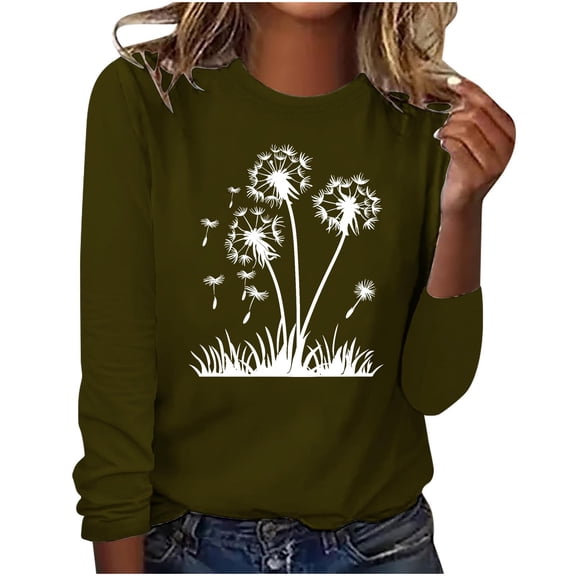 hxobax Cute Tee Women Fall Tops Dandelion Floral Basic Tshirts Crewneck Long Sleeve Shirts Tunic Top