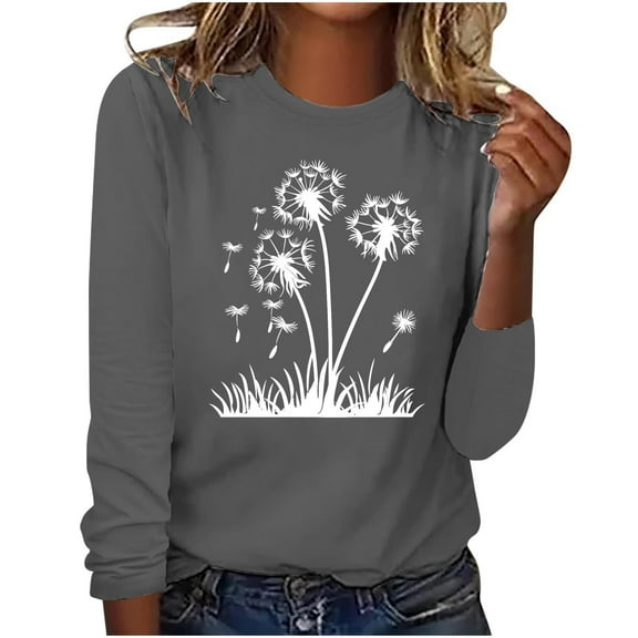 hxobax Cute Tee Women Fall Tops Dandelion Floral Basic Tshirts Crewneck Long Sleeve Shirts Tunic Top