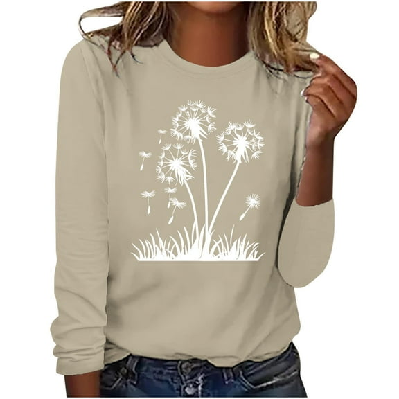 hxobax Cute Tee Women Fall Tops Dandelion Floral Basic Tshirts Crewneck Long Sleeve Shirts Tunic Top