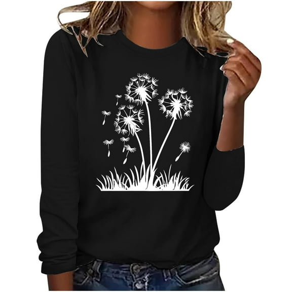 hxobax Cute Tee Women Fall Tops Dandelion Floral Basic Tshirts Crewneck Long Sleeve Shirts Tunic Top