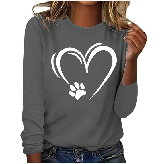 hxobax Cute Tunic Tops for Womens Fall Crewneck Long Sleeve Shirts Heart Paw Pullover Tshirt Blouses