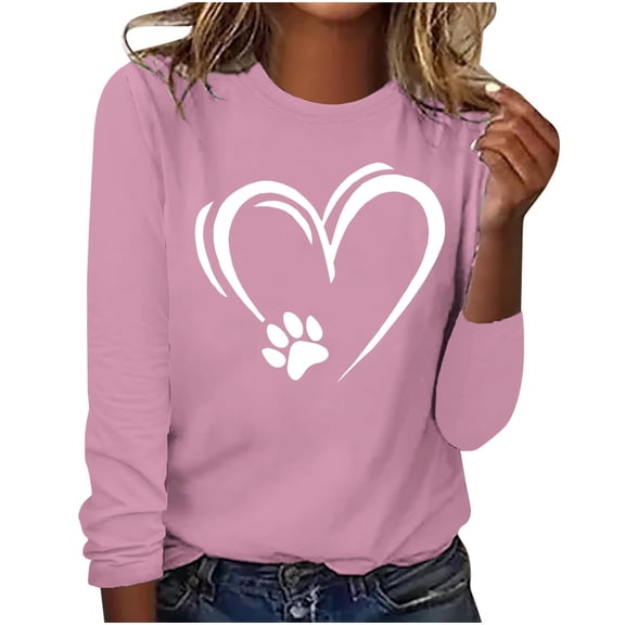 hxobax Cute Tunic Tops for Womens Fall Crewneck Long Sleeve Shirts Heart Paw Pullover Tshirt Blouses