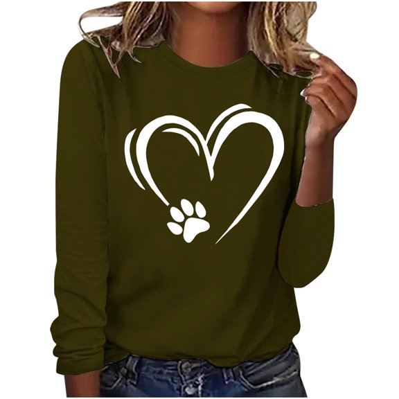 hxobax Cute Tunic Tops for Womens Fall Crewneck Long Sleeve Shirts Heart Paw Pullover Tshirt Blouses