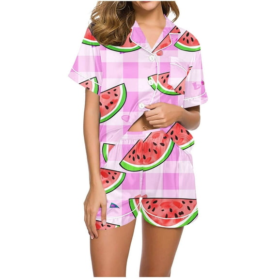 hxobax Cute Womens Pajama Sets Shorts Pjs Set 2 Piece Notch Collar Sleepwear Button Lounge Set Sweet Print Short Sleeve Shirts Tops and Shorts Pajamas Set Soft Nightwear,#01_Watermelon Red,Large