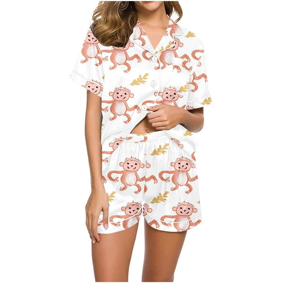hxobax Cute Womens Pajama Sets Shorts Pjs Set 2 Piece Notch Collar Sleepwear Button Down Lounge Set Sweet Print Short Sleeve Shirts Tops and Shorts Pajamas Set Soft Nightwear,#02_Pink,Small