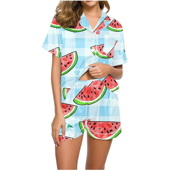 hxobax Cute Womens Pajama Sets Shorts Pjs Set 2 Piece Notch Collar Sleepwear Button Down Lounge Set Sweet Print Short Sleeve Shirts Tops and Shorts Pajamas Set Soft Nightwear,#01_Mint Green,Medium