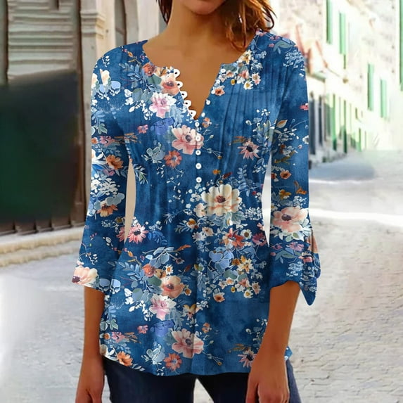 hxobax Daisy Floral Tunic Blouse Women's Summer Ruffle 3/4 Sleeve Tshirts V Neck Button Shirts Tops