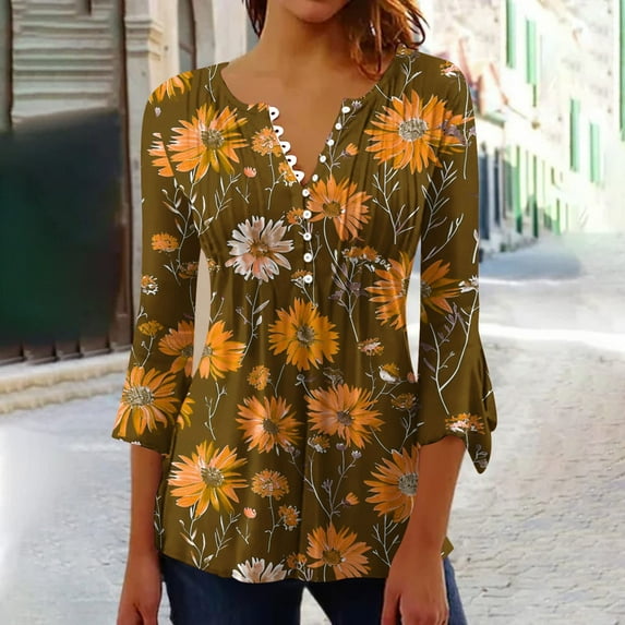 hxobax Daisy Floral Tunic Blouse Women's Summer Ruffle 3/4 Sleeve Tshirts V Neck Button Shirts Tops