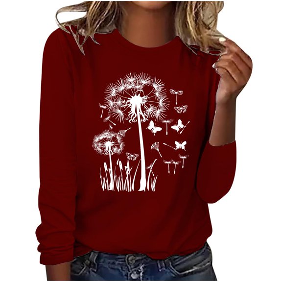 hxobax Dandelion Print Long Sleeve Tops Womens Cute Fall Tops Casual Crewneck Tunic Basic Tee Blouse