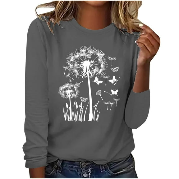 hxobax Dandelion Print Long Sleeve Tops Womens Cute Fall Tops Casual Crewneck Tunic Basic Tee Blouse