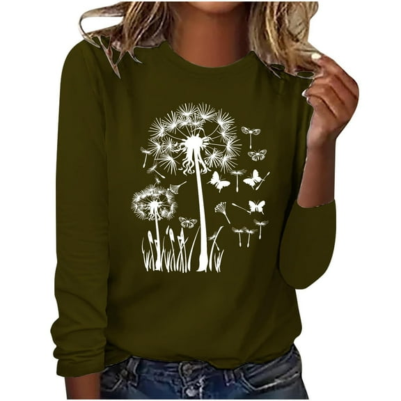 hxobax Dandelion Print Long Sleeve Tops Womens Cute Fall Tops Casual Crewneck Tunic Basic Tee Blouse