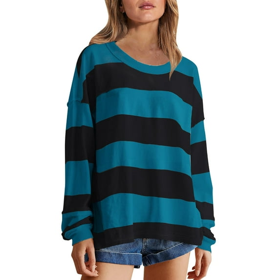 hxobax Fall Cute Sweatshirt for Women Striped Colorblock Pullover Tops Crewneck Long Sleeve Jumpers