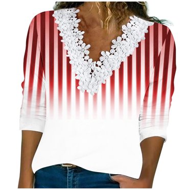 hxobax Fall Fashion Tops Women Long Sleeve T Shirts Gradient Striped Blouses Lace V Neck Tunic Tops
