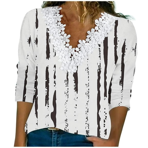 hxobax Fall T Shirts for Women Sexy Lace V Neck Tunic Tops Casual Blouses Floral T-Shirt Basic Tees