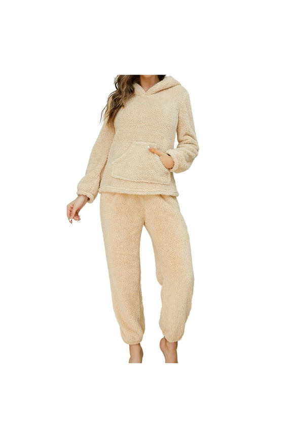Flannel Pajama Sets for Women Winter Warm Fleece Hooded Pajamas Set 2 Piece Soft Comfy Pjs Lounge Sets Plush Hoodies Pullover Tops and Elastic Waist Trousers Matching Sets,Beige,Small