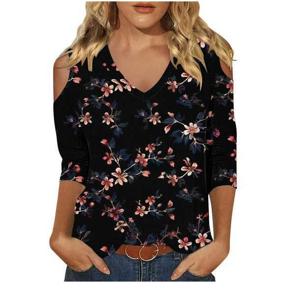 hxobax Floral 3/4 Sleeve T Shirt Womens Sexy Summer Tops V Neck Tunic Cold Shoulder Basic Tee Blouse