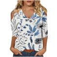 thumbnail image 1 of hxobax Floral 3/4 Sleeve T Shirt Womens Sexy Summer Tops V Neck Tunic Cold Shoulder Basic Tee Blouse, 1 of 5