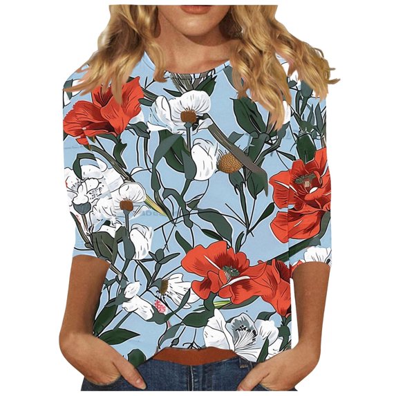 hxobax Floral 3/4 Sleeve Tops Womens Summer Tshirts Casual Crewneck Tunic Top Basic Tee Shirt Blouse