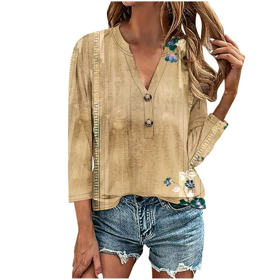 hxobax Floral 3/4 Sleeve Tshirt Women Half V Neck Button Down Shirts Casual Pullover Tunic Blouses