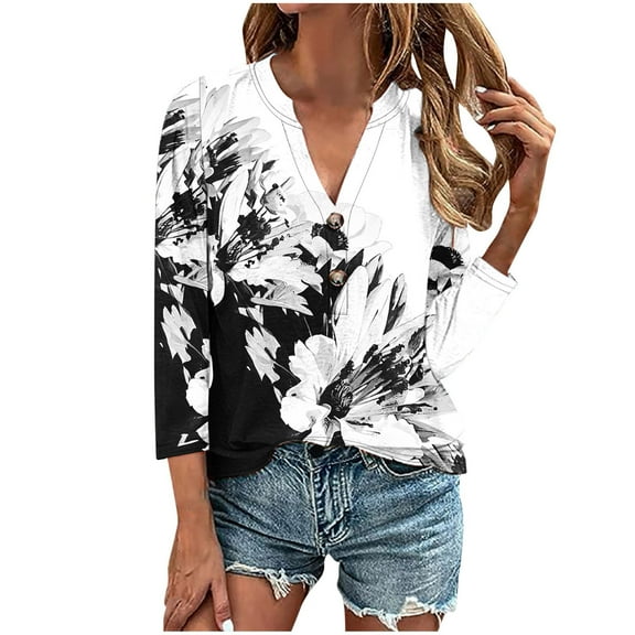 hxobax Floral 3/4 Sleeve Tshirt Women Half V Neck Button Down Shirts Casual Pullover Tunic Blouses
