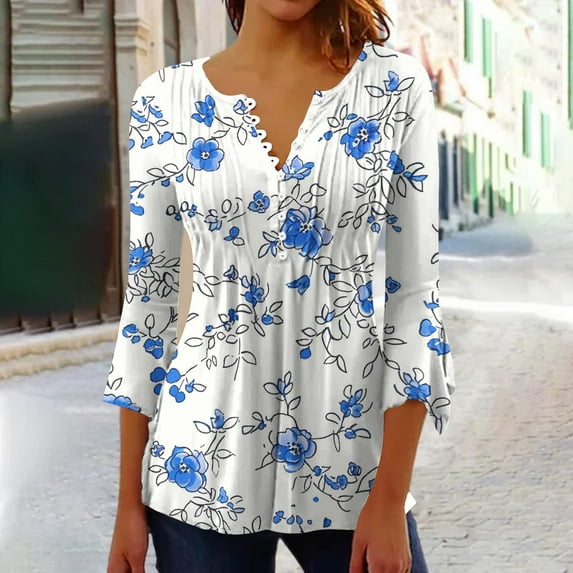 hxobax Floral 3/4 Sleeves Blouses for Womens Summer Tops V Neck Button Down Shirts Pleated Tunic Top
