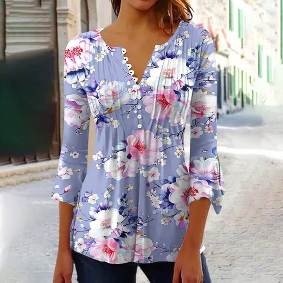 hxobax Floral 3/4 Sleeves Blouses for Womens Summer Tops V Neck Button Down Shirts Pleated Tunic Top