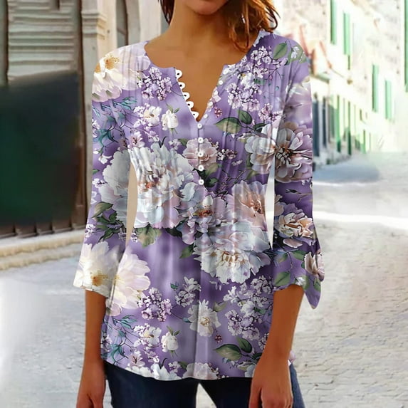 hxobax Floral 3/4 Sleeves Blouses for Womens Summer Tops V Neck Button Down Shirts Pleated Tunic Top