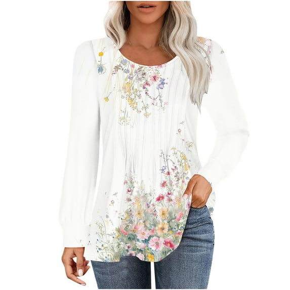 hxobax Floral Long Sleeve T-Shirts Womens 2024 Tops Casual Crewneck Pleated Basic Tunic Tee Pullover