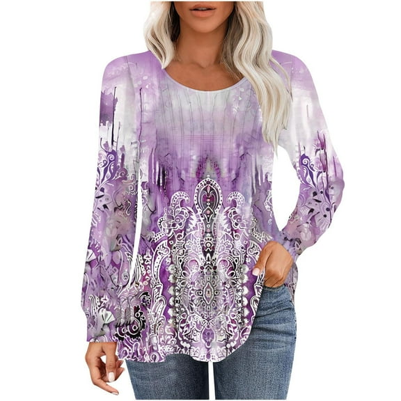 hxobax Floral Long Sleeve T-Shirts Womens 2024 Tops Casual Crewneck Pleated Basic Tunic Tee Pullover