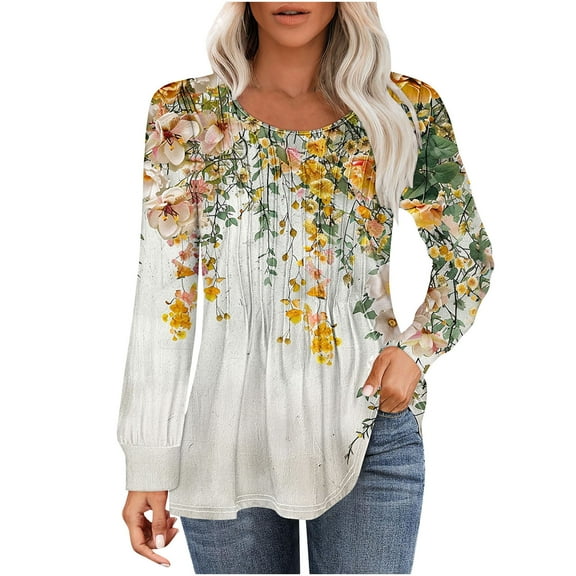 hxobax Floral Long Sleeve Tshirts for Women Fall Pleated Crewneck Tunic Tops Elegant Pullover Blouse