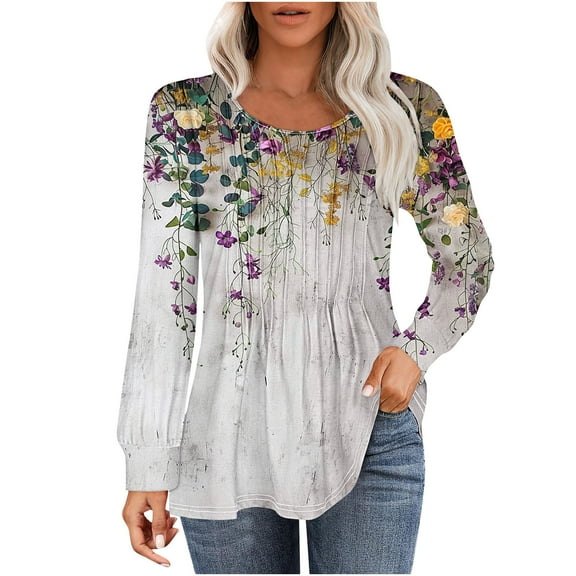 hxobax Floral Long Sleeve Tshirts for Women Fall Pleated Crewneck Tunic Tops Elegant Pullover Blouse