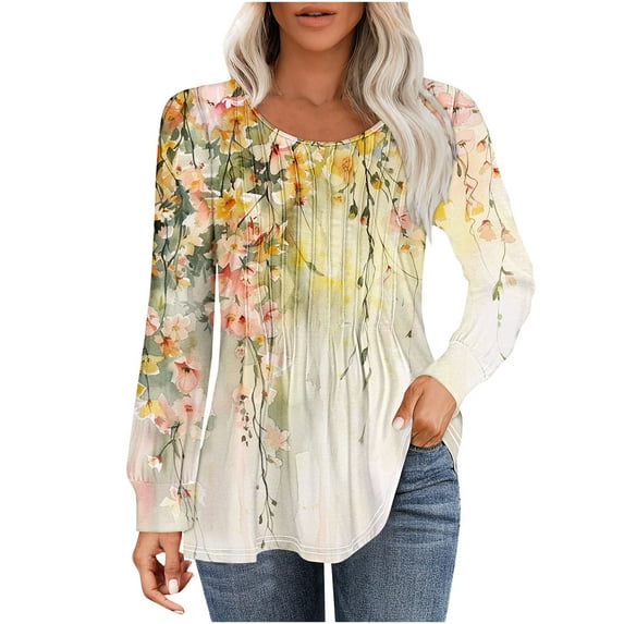 hxobax Floral Long Sleeve Tshirts for Women Fall Pleated Crewneck Tunic Tops Elegant Pullover Blouse