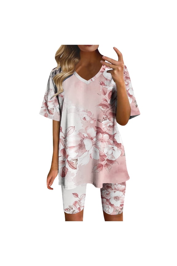 Floral Short Sleeve Sets for Women Summer 2 Piece Outfits Casual V Neck T Shirt Tops and Yoga Shorts Lounge Set Pjs Matching Sets Trendy Tracksuit Comfy Loungewear Sleepwear,#02_Purple,Medium