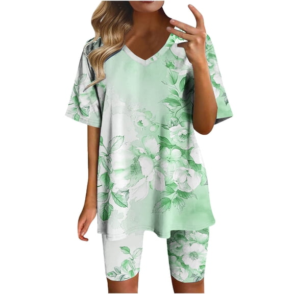 hxobax Floral Short Sleeve Sets for Women Summer 2 Piece Outfits Casual V Neck T Shirt Tops and Yoga Shorts Lounge Set Pjs Matching Sets Trendy Tracksuit Comfy Loungewear Sleepwear,#02_Pink,Medium