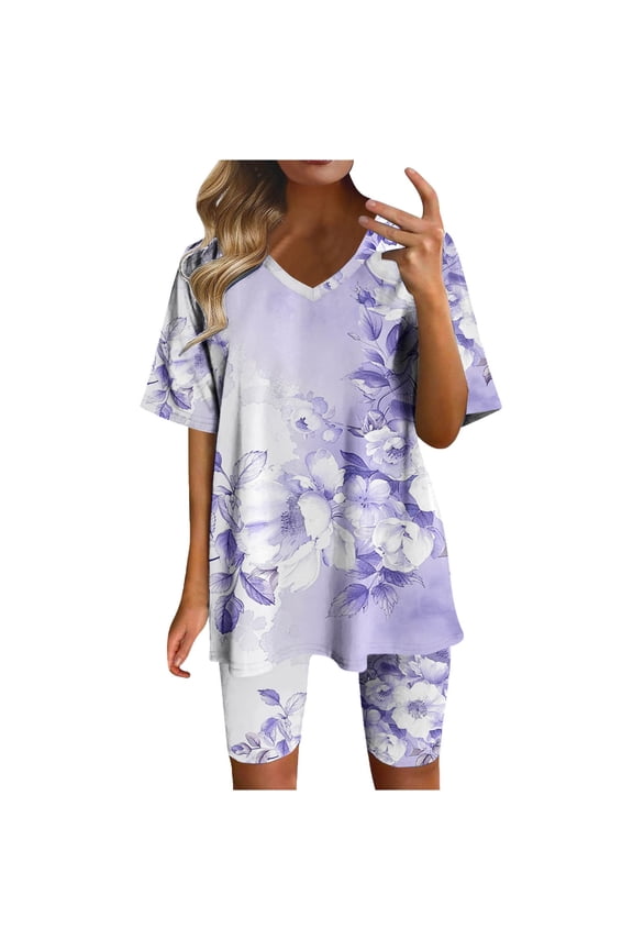 Floral Short Sleeve Sets for Women Summer 2 Piece Outfits Casual V Neck T Shirt Tops Yoga Shorts Lounge Set Pjs Matching Sets Trendy Tracksuit Comfy Loungewear Sleepwear,#02_Green,XX-Large