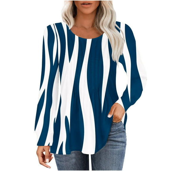hxobax Floral T-Shirts Women Long Sleeve Tunic Tops Casual Pleated Crew Neck Pullover Classic Tees