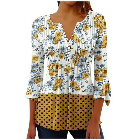 hxobax Floral Tunic Tops for Womens Casual Button Crewneck Tshirts Pleated Pullover 3/4 Sleeve Shirt