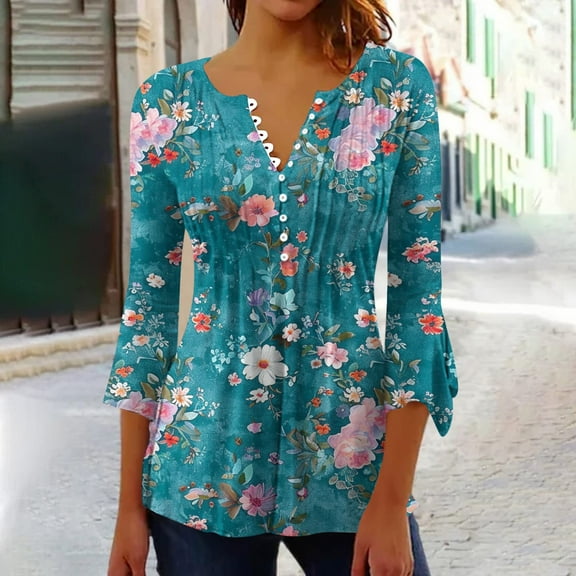 hxobax Floral Tunics Tops Womens Casual Pleated Shirts V Neck Button Down Blouses 3/4 Sleeve Tshirts