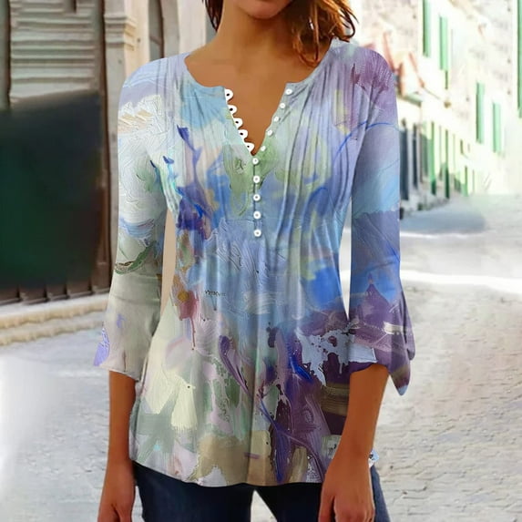 hxobax Floral Tunics Tops Womens Casual Pleated Shirts V Neck Button Down Blouses 3/4 Sleeve Tshirts