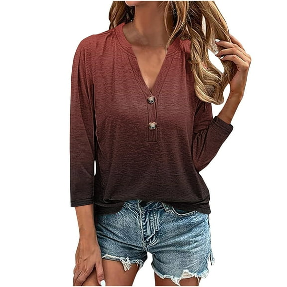 hxobax Half Button V Neck Tshirts Womens Casual 3/4 Sleeve Tops Gradient Tunic Shirts Comfy Blouses